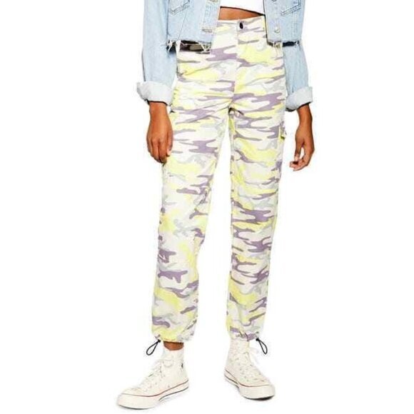TOPSHOP Jeans Camo Print Utility Pants Neon Yellow Purple SZ 4 US NEW - Picture 1 of 3